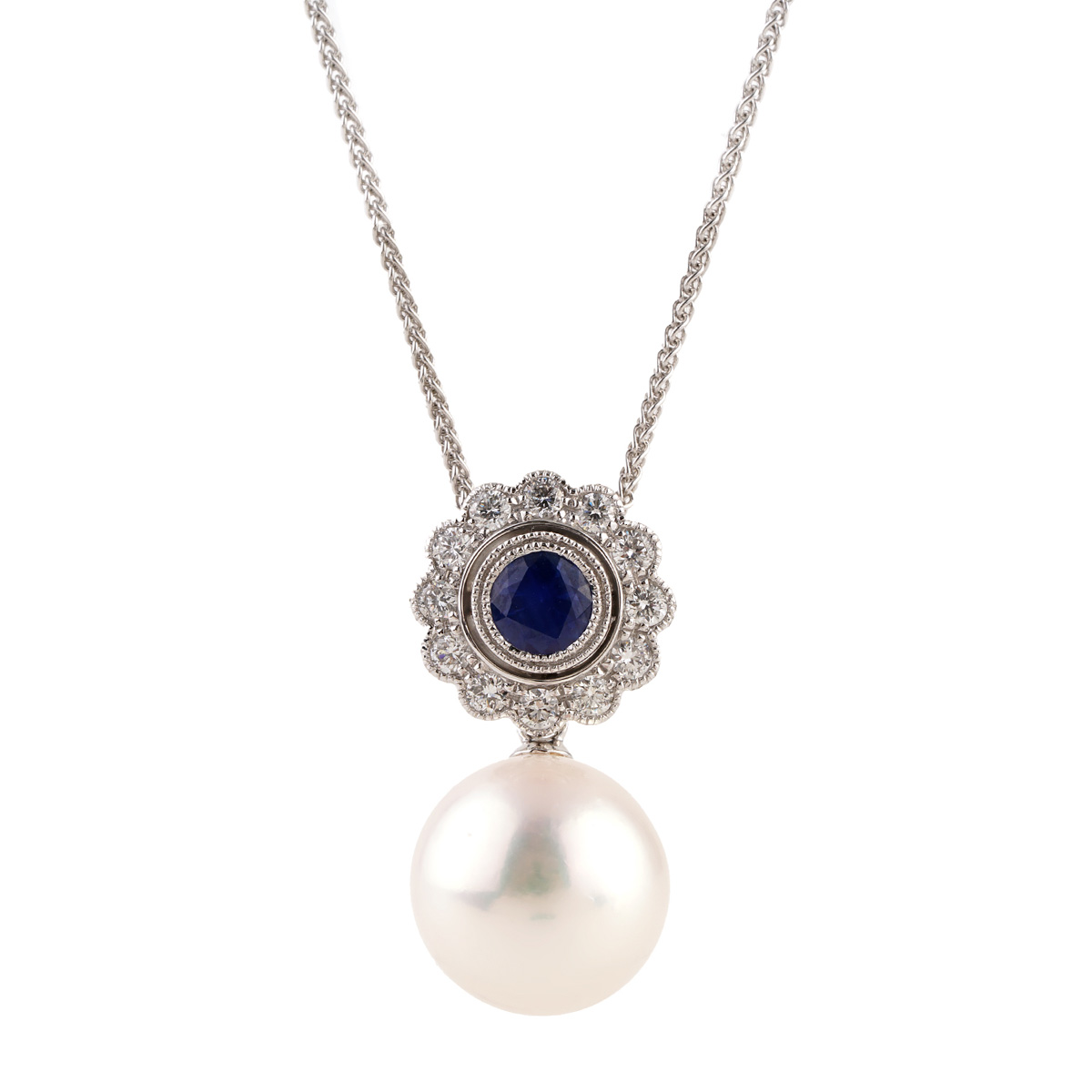 11-12 MM Freshwater Pearl Diamond and Sapphire Drop Pendant in