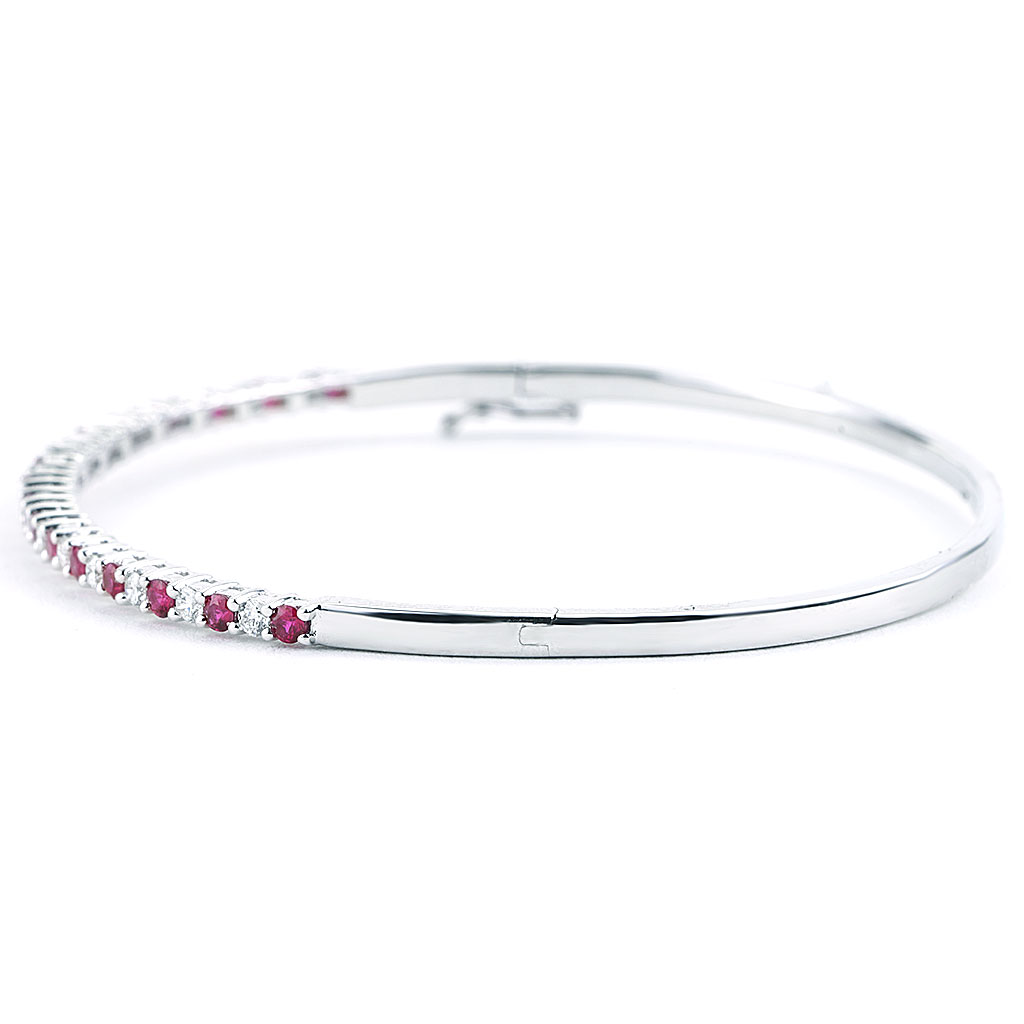 1.14 CTTW Alternating Ruby and Diamond Bangle Bracelet in White