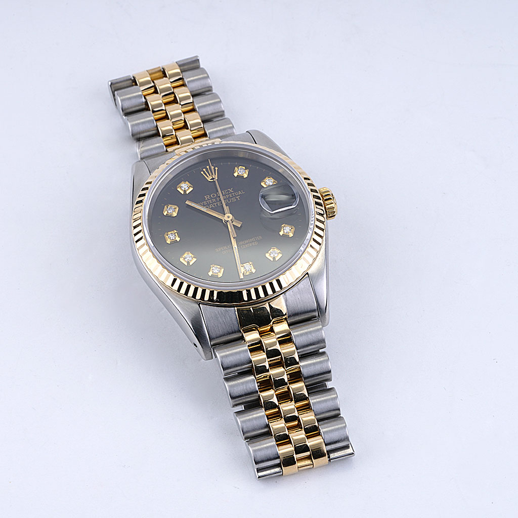 Rolex Datejust 16233 Black Diamond Dial Two Tone Jubilee 36mm Circa 