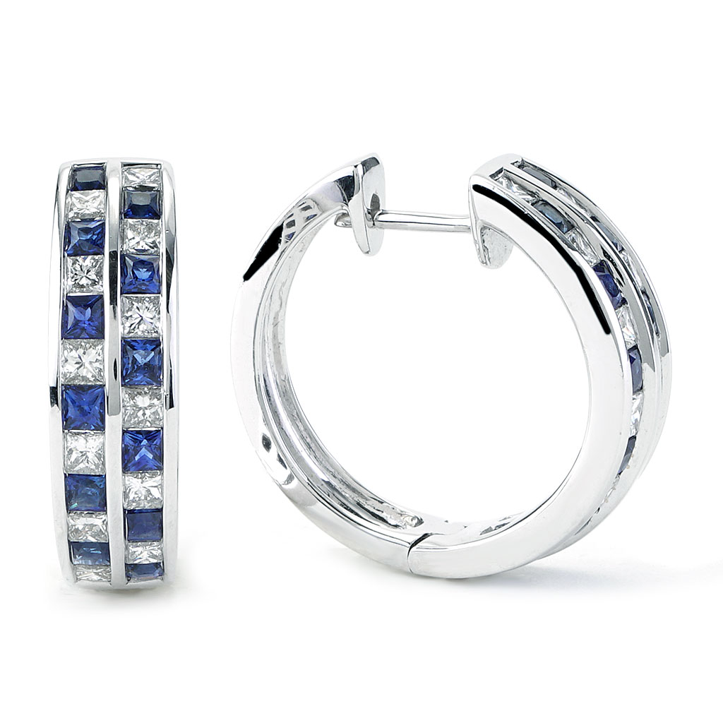 Sapphire and Diamond Double Channel Hoop Earrings in White Gold