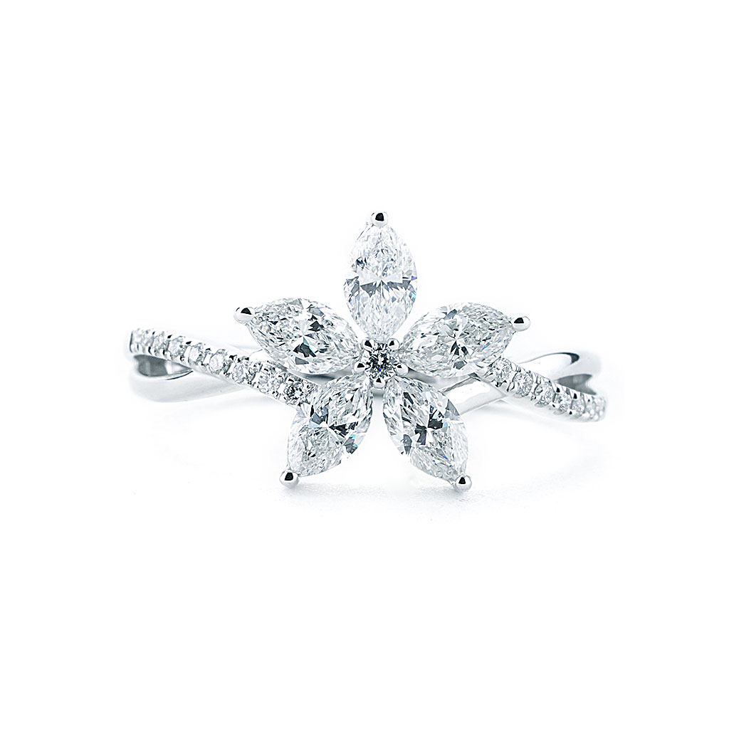 1 CTTW Diamond Flower Twist Ring in White Gold | New York Jewelers Chicago