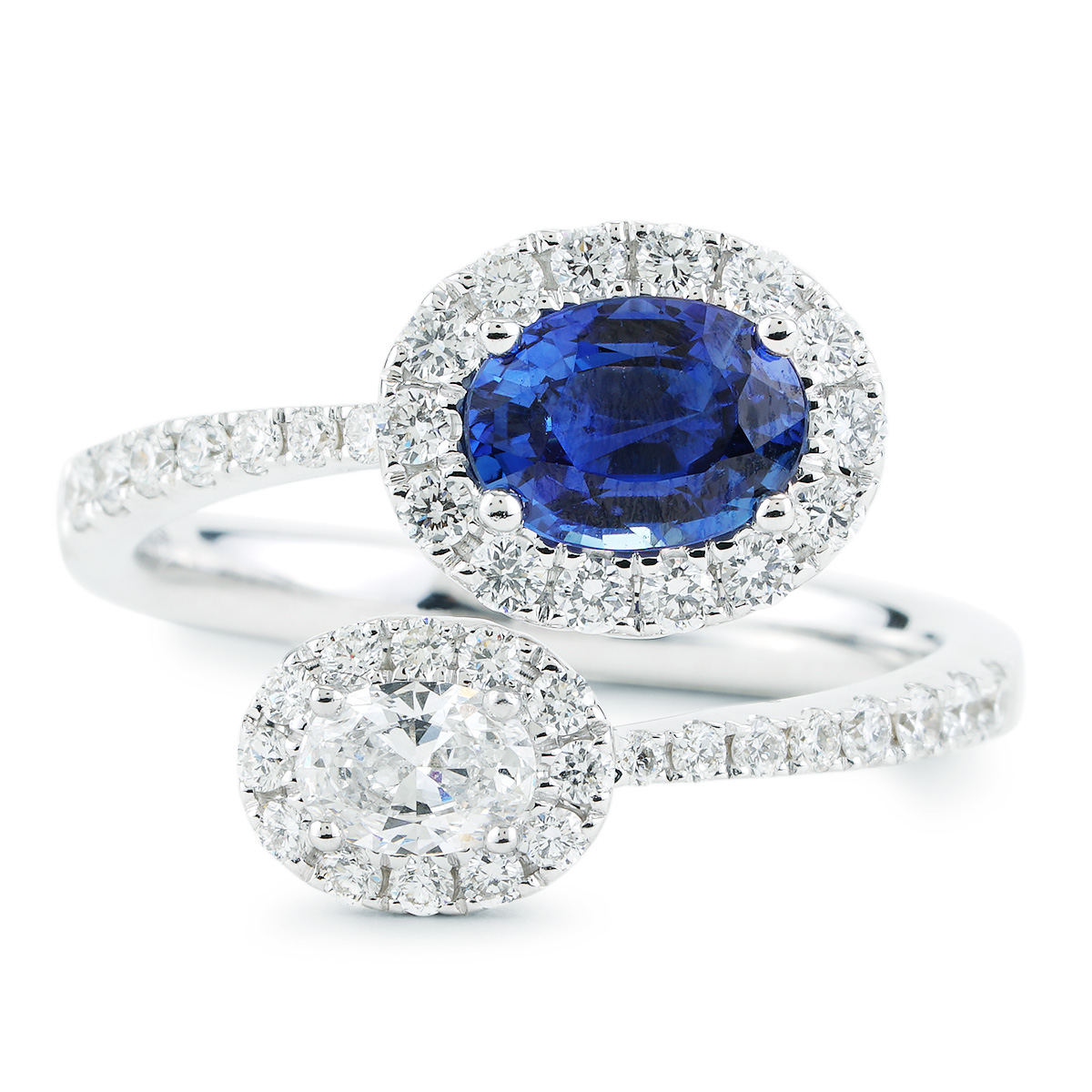 CTTW Oval Sapphire and Diamond Halo Bypass Ring in White Gold