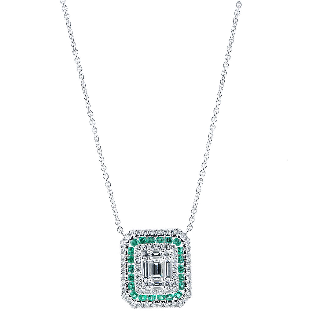 Natural Emerald Necklace 1/8 ct tw Diamonds 14K White Gold 18