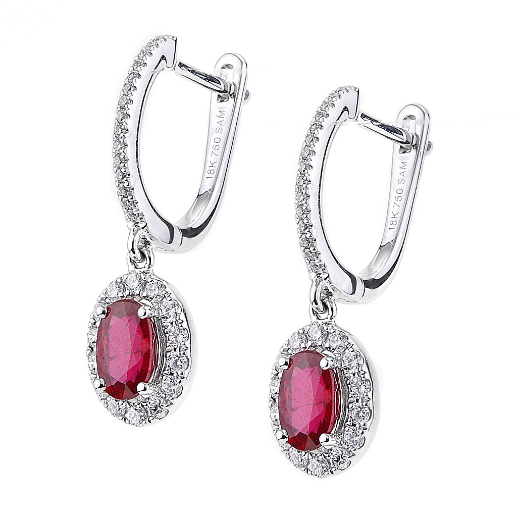 Oval Halo Ruby and Diamond Fancy Drop Huggie Earrings in White Gold ...