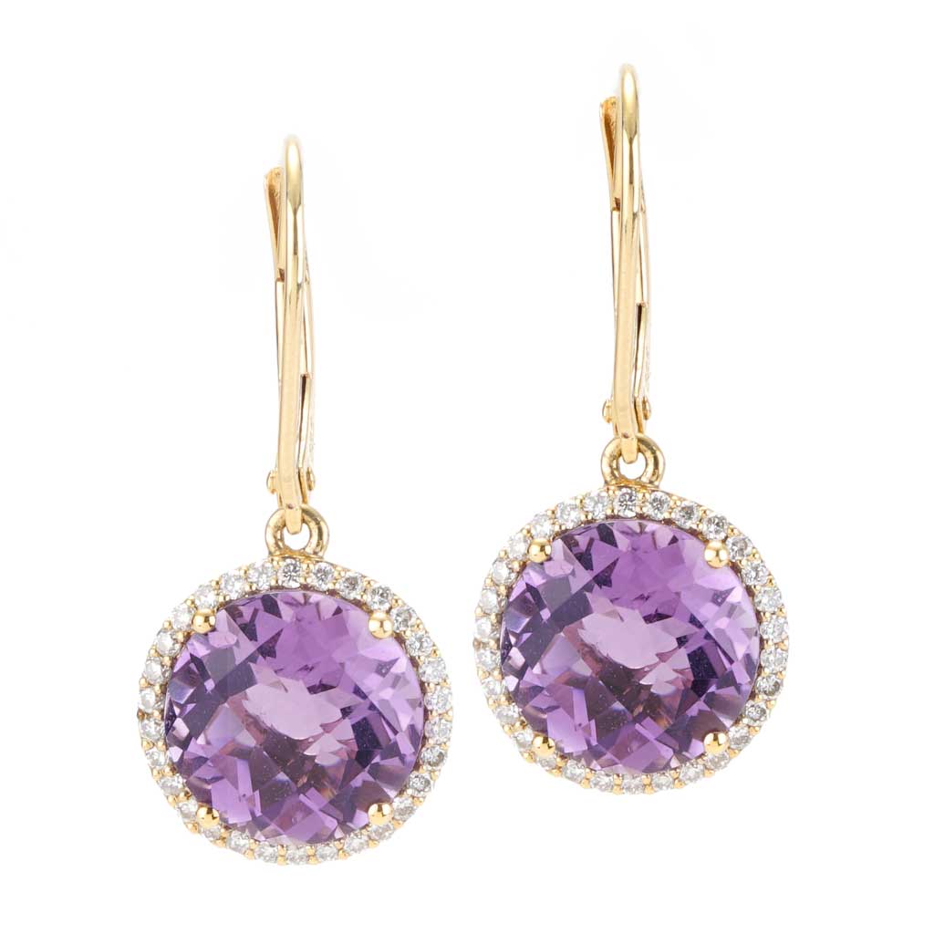 Round Amethyst Lever Back Earrings with Diamond Halo in Yellow Gold ...