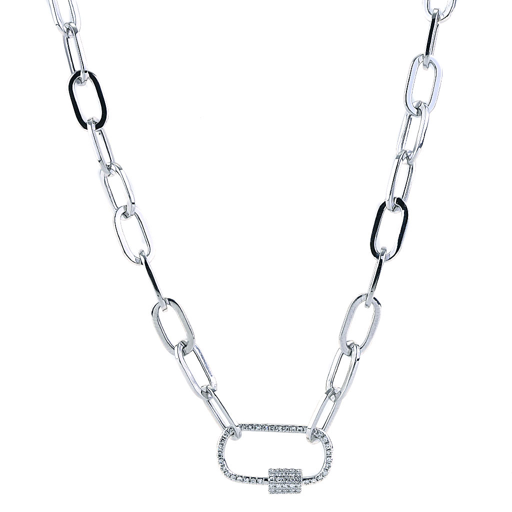Diamond Paper Clip Necklace with Oval Roller in White Gold | New York ...