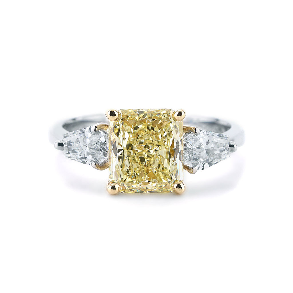 2.04 ct Radiant Fancy Yellow Diamond Three Stone Ring in Platinum