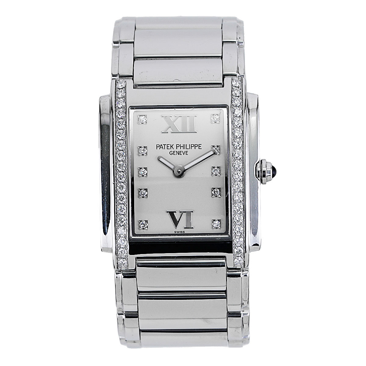 Patek Philippe Twenty~4 women's watch in stainless steel with diamonds.