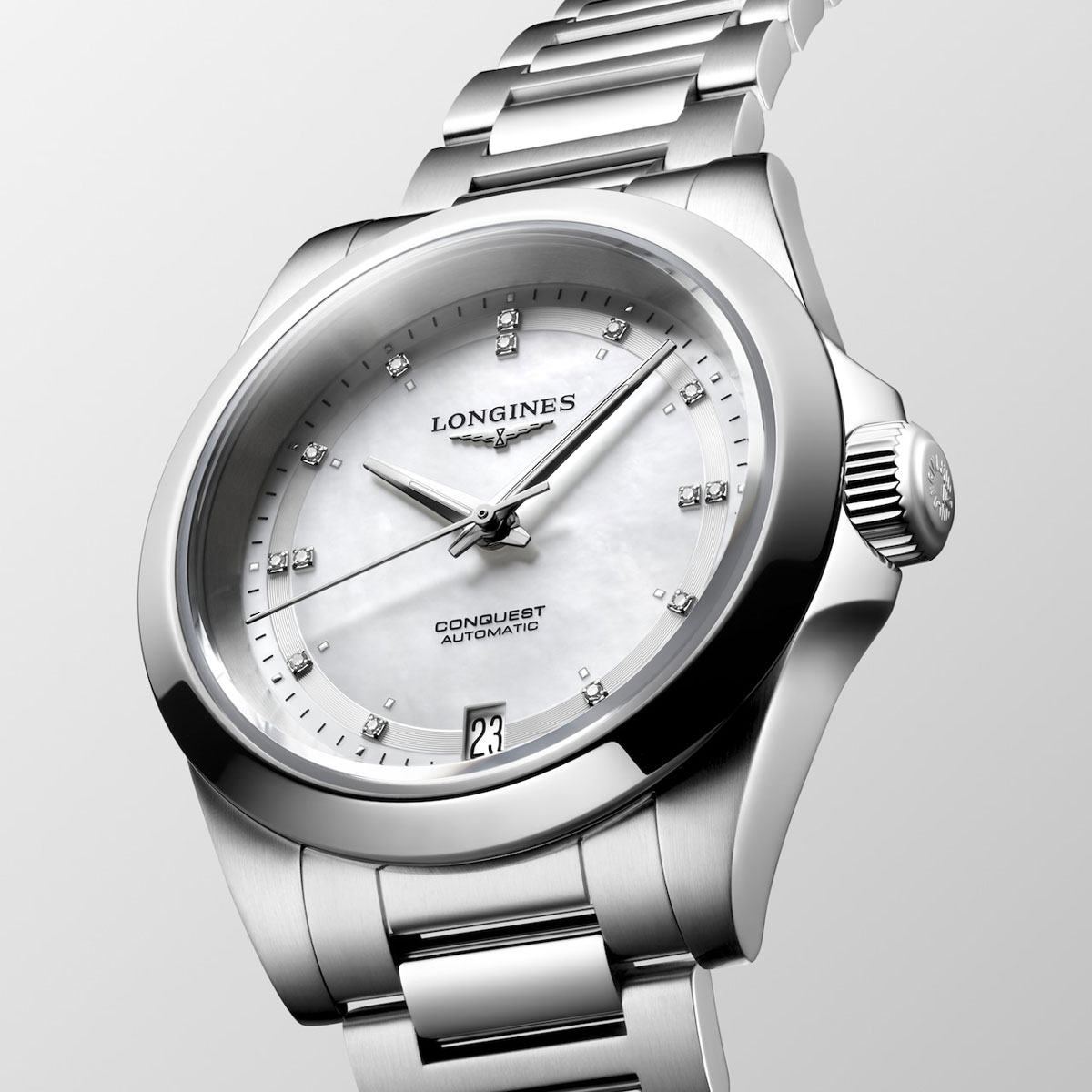 Longines Conquest 2023 Mother of Pearl Diamonds Stainless Band | New ...