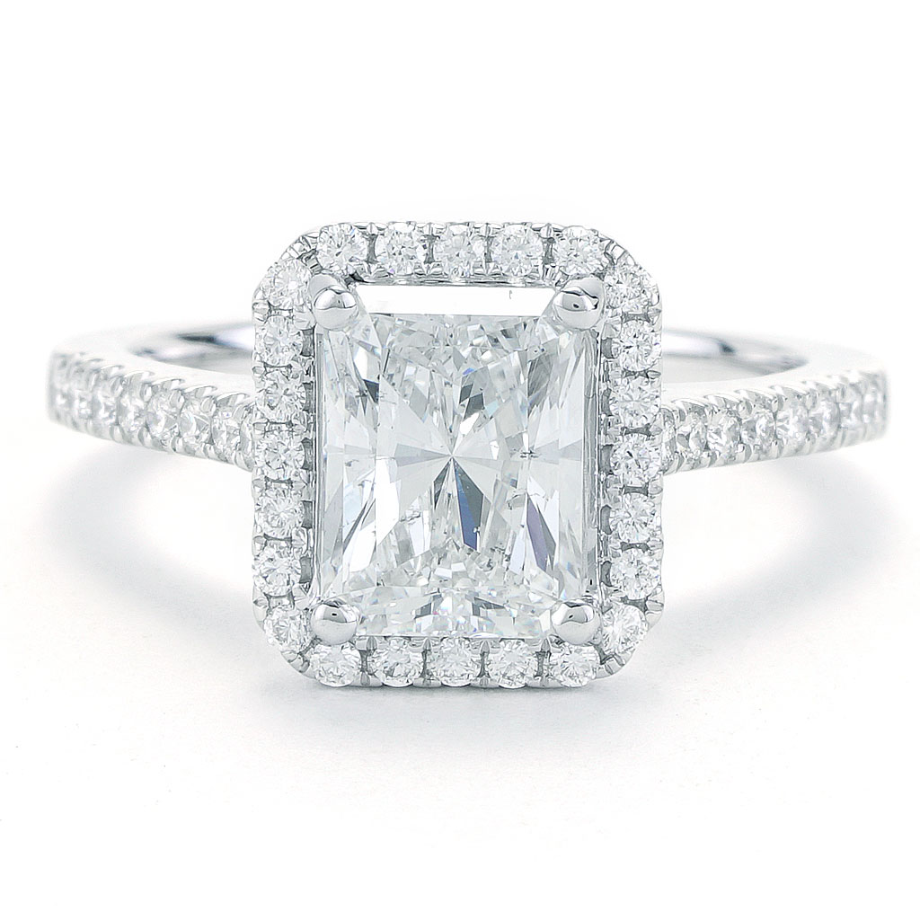 Elongated Radiant Cut 2.01 Ct Center Diamond Ring with Halo in White ...