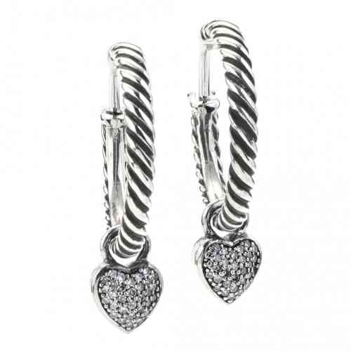 David Yurman Cable Classic Pave Heart Dangle Earrings in Sterling